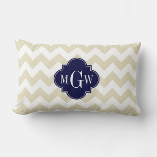 Beige White Chevron Navy Quatrefoil 3 Monogram Lumbar Cushion