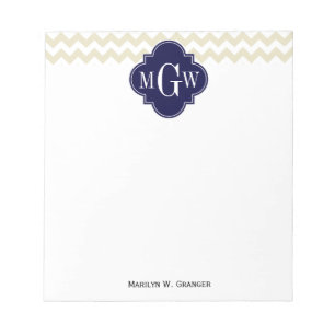 Beige White Chevron Navy Quatrefoil 3 Monogram Notepad