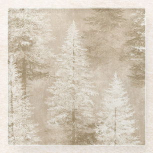 Beige White Christmas Trees Glass Coaster
