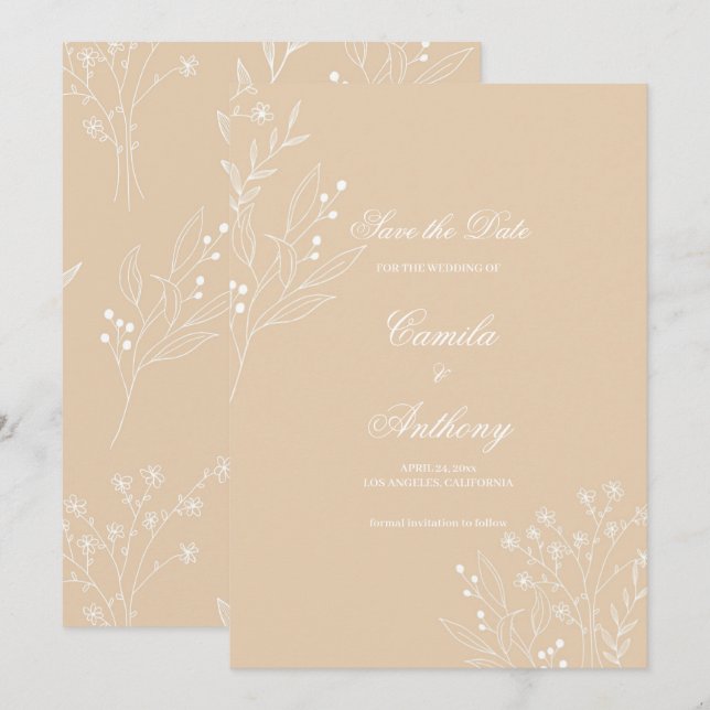 Beige White Corner Floral Boho Wedding Invitation (Front/Back)