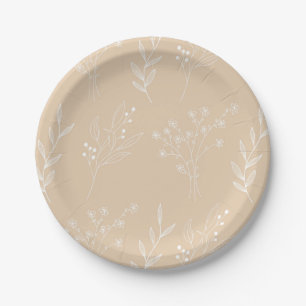 Beige White Corner Floral Boho Wedding Paper Plate