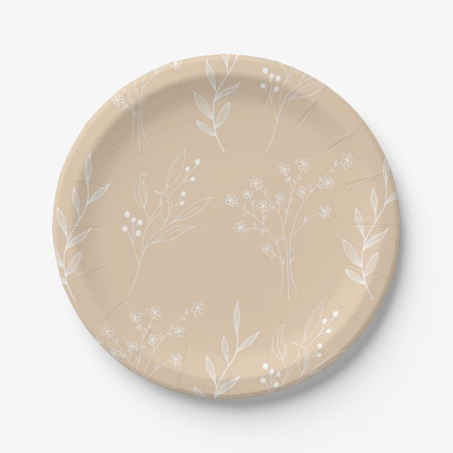 Beige White Corner Floral Boho Wedding Paper Plate (Front)