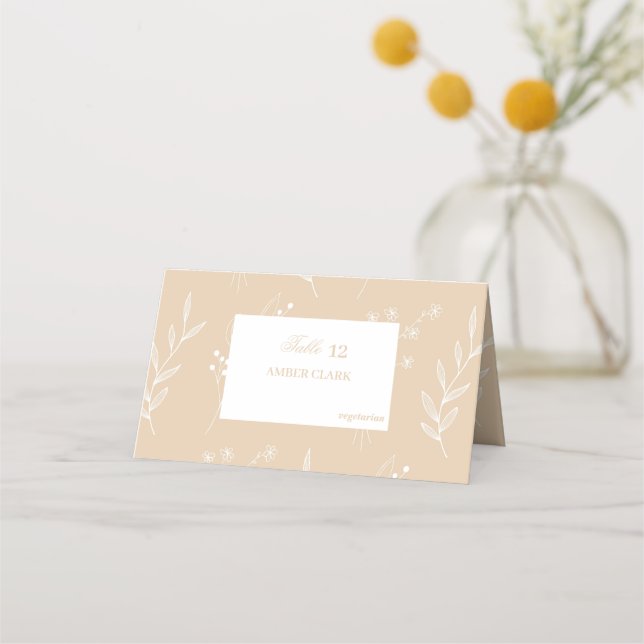 Beige White Corner Floral Boho Wedding Place Card (Front)