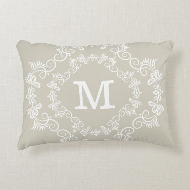 Beige White Custom Monogram Decorative Cushion (Front)