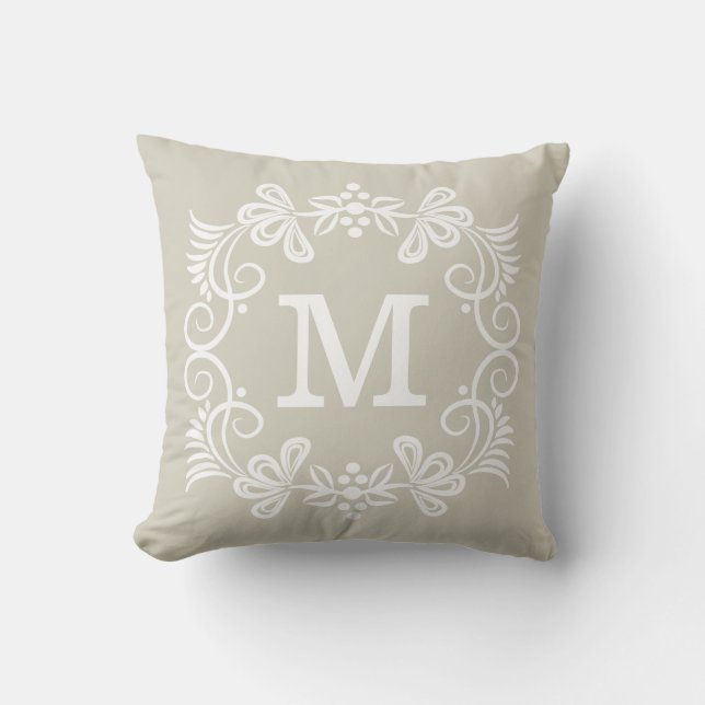 Beige White Custom Monogram Decorative Cushion (Front)