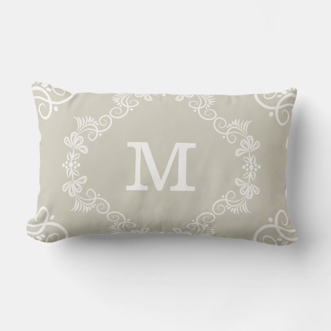 Beige White Custom Monogram Decorative Lumbar Cushion (Front)