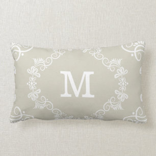 Beige White Custom Monogram Decorative Lumbar Cushion