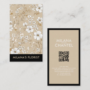 Beige White Daisy Modern Hippie Flower Florist Business Card