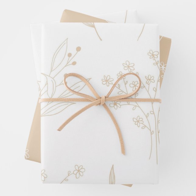 Beige White Floral Boho Wedding Wrapping Paper Sheet (In situ)