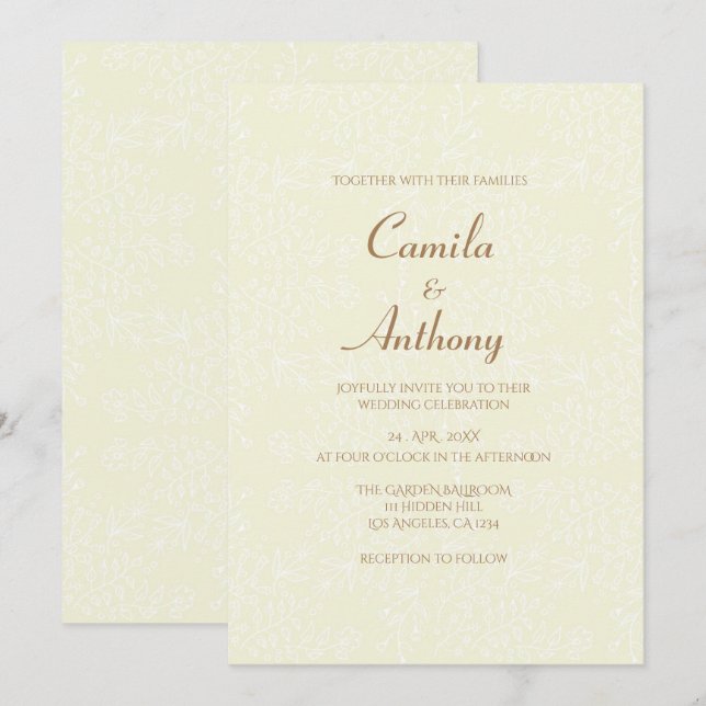 Beige White Floral Pattern Full Print Border Weddi Invitation (Front/Back)