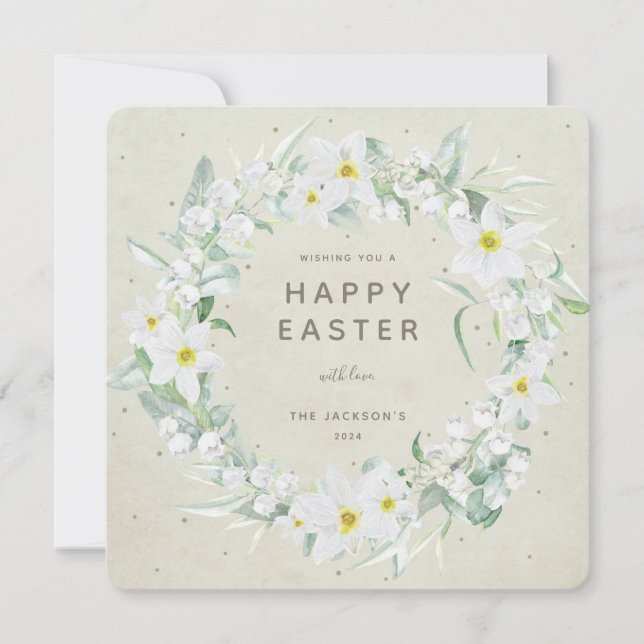 Beige+White Floral Wreath Happy Easter Flat Card (Front)
