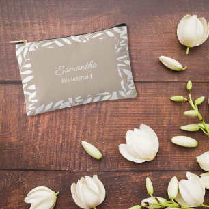 Beige White Leaves Bridal Shower Accessory Pouch