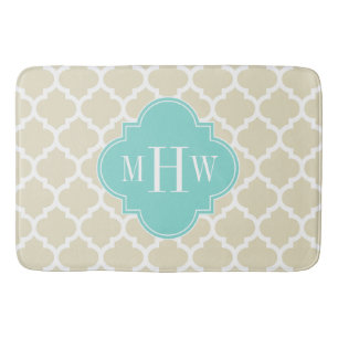 Beige, White Moroccan #5 Aqua 3 Initial Monogram Bath Mat