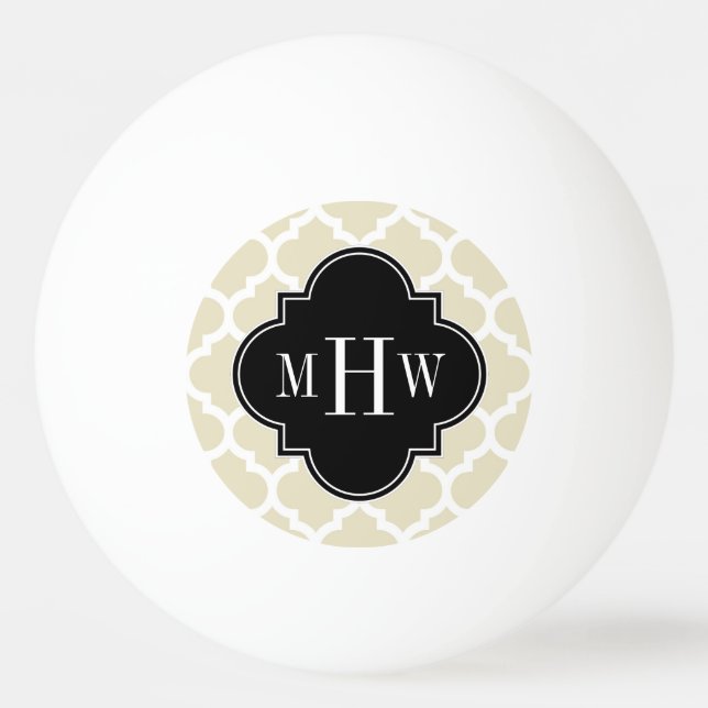 Beige, White Moroccan #5 Black 3 Initial Monogram Ping Pong Ball (Front)