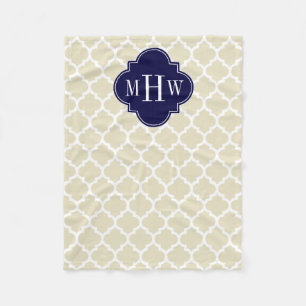 Beige, White Moroccan #5 Navy 3 Initial Monogram Fleece Blanket