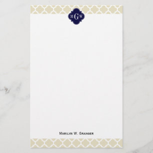 Beige, White Moroccan #5 Navy 3 Initial Monogram Stationery