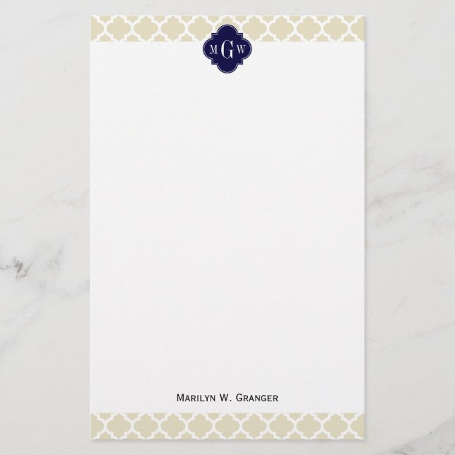 Beige, White Moroccan #5 Navy 3 Initial Monogram Stationery (Front)