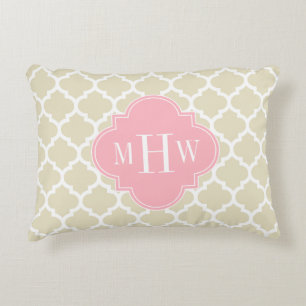 Beige, White Moroccan #5 Pink 3 Initial Monogram Decorative Cushion