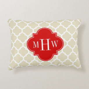 Beige, White Moroccan #5 Red 3 Initial Monogram Decorative Cushion