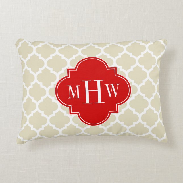 Beige, White Moroccan #5 Red 3 Initial Monogram Decorative Cushion (Front)