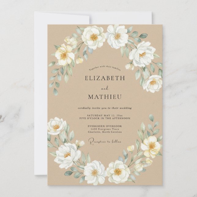 Beige White Peony Wedding Invitation (Front)