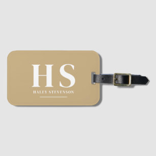 Beige & White Personal Monogram Minimalist Script Luggage Tag