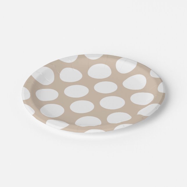 Beige White Polka Dots Pattern Paper Plate (Angled)
