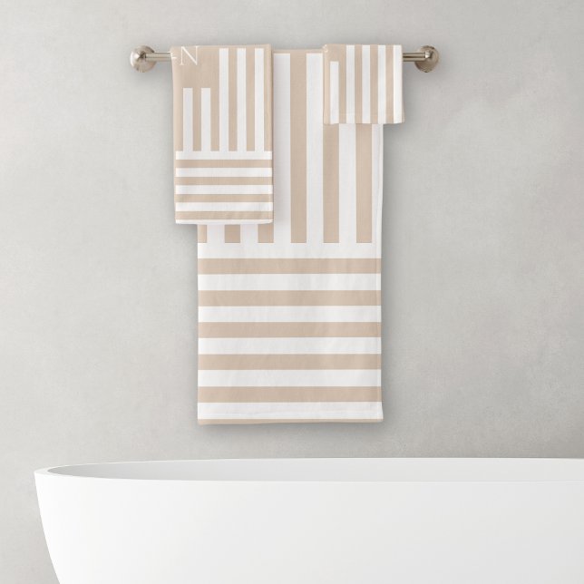 Beige White Striped Bathroom Wedding Couple Gift Bath Towel Set (Creator Uploaded)