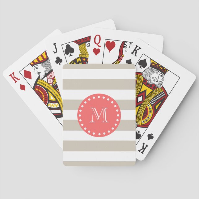 Beige White Stripes Pattern, Coral Monogram Playing Cards (Back)