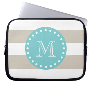 Beige White Stripes Pattern, Teal Monogram Laptop Sleeve