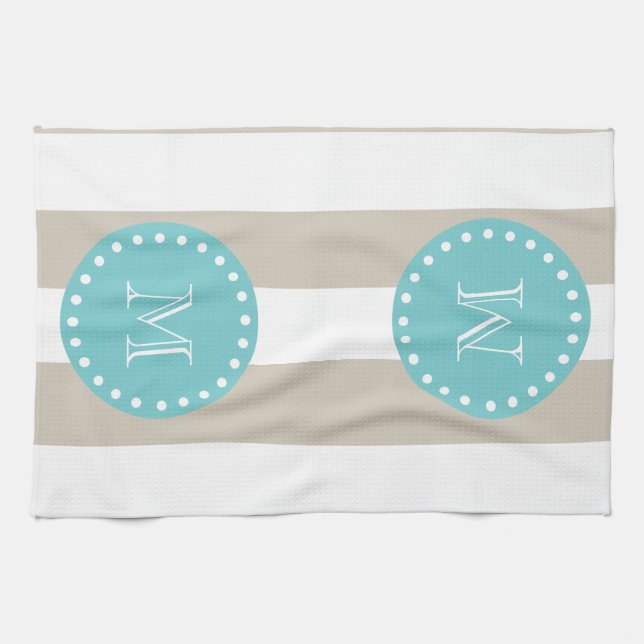 Beige White Stripes Pattern, Teal Monogram Tea Towel (Horizontal)