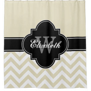 Beige Wht LG Chevron Black 1ICBR Name Monogram Shower Curtain