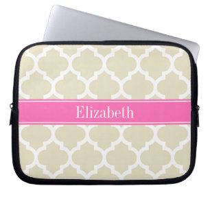 Beige Wht Moroccan #5 Hot Pink #2 Name Monogram Laptop Sleeve