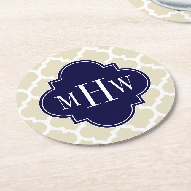 Beige Wht Moroccan #5 Navy Blue 3 Initial Monogram Round Paper Coaster (Angled)