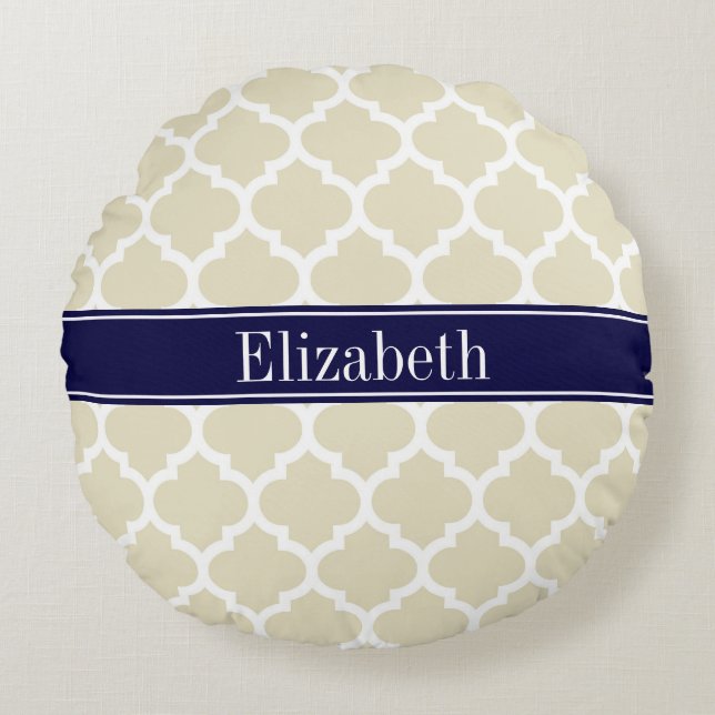 Beige Wht Moroccan #5 Navy Blue Name Monogram Round Cushion (Front)