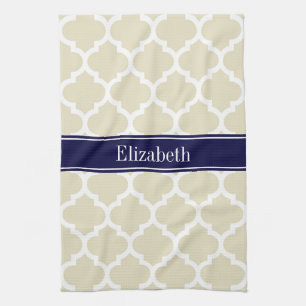 Beige Wht Moroccan #5 Navy Blue Name Monogram Tea Towel