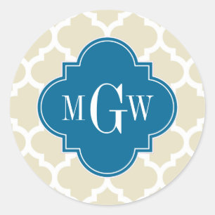 Beige Wht Moroccan #5 Peacock 3 Initial Monogram Classic Round Sticker
