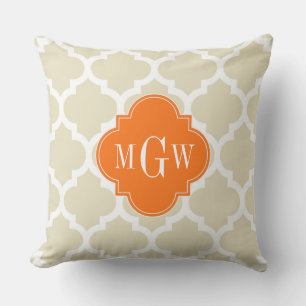 Beige, Wht Moroccan #5 Pumpkin 3 Initial Monogram Cushion