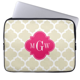 Beige Wht Moroccan #5 Raspberry 3 Initial Monogram Laptop Sleeve