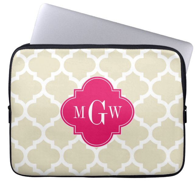 Beige Wht Moroccan #5 Raspberry 3 Initial Monogram Laptop Sleeve (Front)