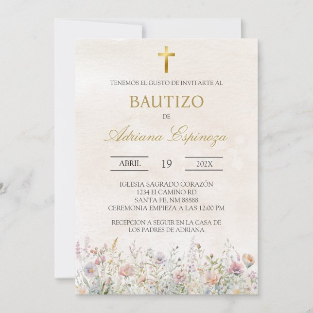 Beige Wild flower Spanish baptism Invitation (Front)