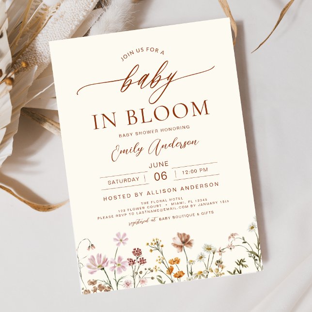 Beige Wildflower Baby in Bloom Baby Shower Invitation (Creator Uploaded)