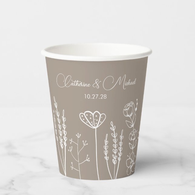 Beige Wildflower Bohemian Wedding Paper Cups (Front)