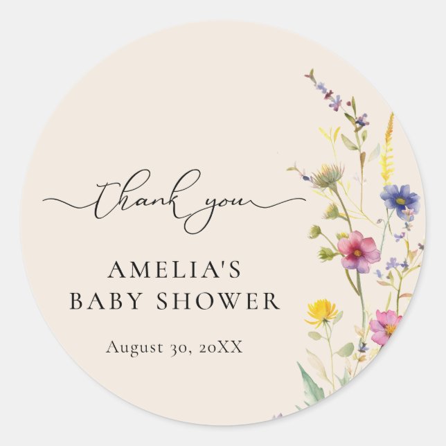 Beige Wildflower Floral Baby Shower Thank You Classic Round Sticker (Front)