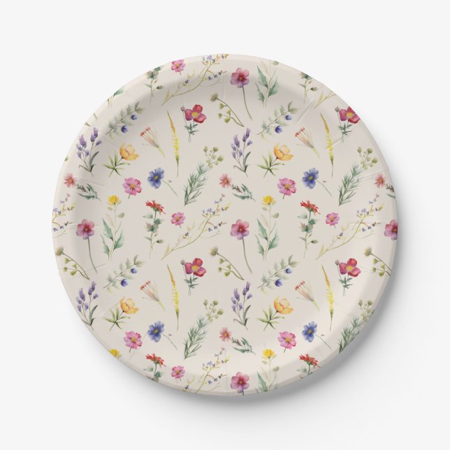 Beige Wildflower Spring Floral Paper Plate (Front)
