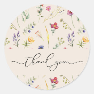 Beige Wildflower Spring Floral Thank You Classic Round Sticker