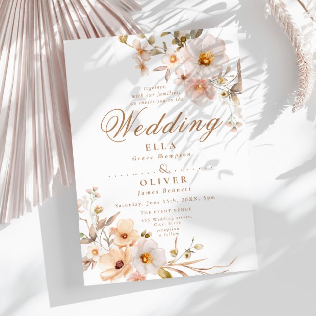 Beige Wildflowers Neutral Boho Elegant Wedding Invitation (Creator Uploaded)