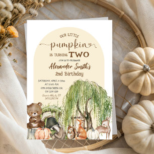 Beige Woodland Animals Little Pumpkin Boy Birthday Invitation
