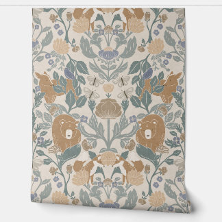 Beige Woodland Block Print Damask Wallpaper