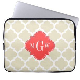 Beige, Wt Moroccan #5 Coral Red 3 Initial Monogram Laptop Sleeve
